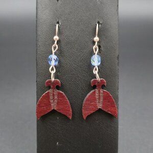 Sterling Silver Hand Carved Wood Whale Tail Dangle Earrings A6828